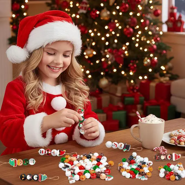 Alt view image 6 of 7 - Christmas Wooden Bead with Twine - 240Pcs DIY Santa Claus Snowman Gingerbread Man Elf Bead Garland Crafts, Xmas Farmhouse Rustic Round Decor Ornaments for Christmas Winter Party Home