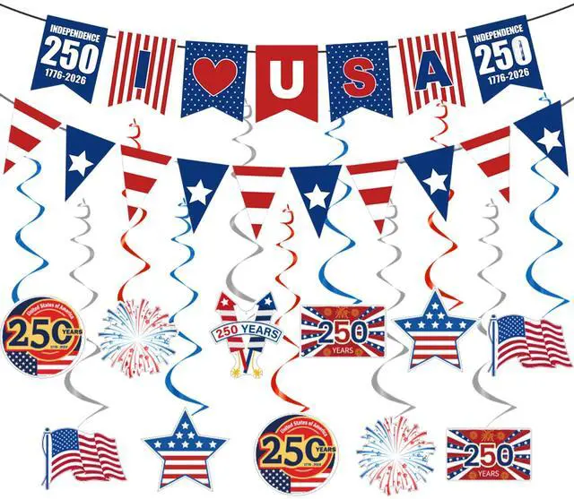 Main image of 250th Anniversary Party Decorations Include 250 Years I Love USA Banners Hanging Swirls 4th of July Independence Day Theme Decor Supplies