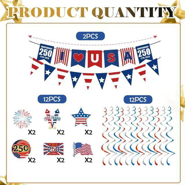 Alt view image 2 of 7 - 250th Anniversary Party Decorations Include 250 Years I Love USA Banners Hanging Swirls 4th of July Independence Day Theme Decor Supplies