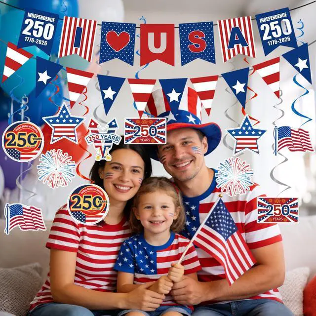 Alt view image 5 of 7 - 250th Anniversary Party Decorations Include 250 Years I Love USA Banners Hanging Swirls 4th of July Independence Day Theme Decor Supplies