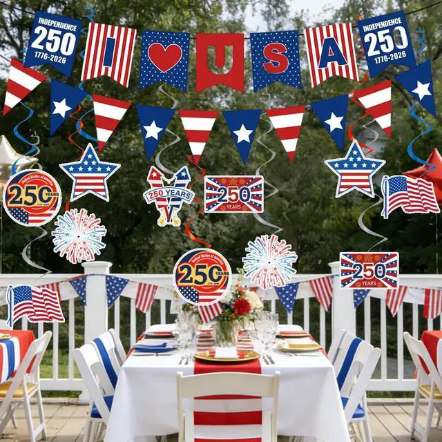 Alt view image 6 of 7 - 250th Anniversary Party Decorations Include 250 Years I Love USA Banners Hanging Swirls 4th of July Independence Day Theme Decor Supplies
