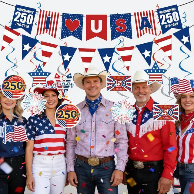 Alt view image 7 of 7 - 250th Anniversary Party Decorations Include 250 Years I Love USA Banners Hanging Swirls 4th of July Independence Day Theme Decor Supplies