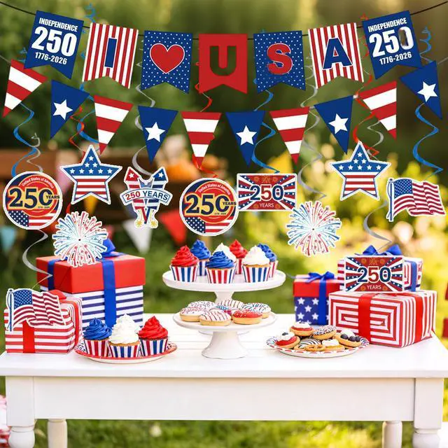 Alt view image 4 of 7 - 250th Anniversary Party Decorations Include 250 Years I Love USA Banners Hanging Swirls 4th of July Independence Day Theme Decor Supplies