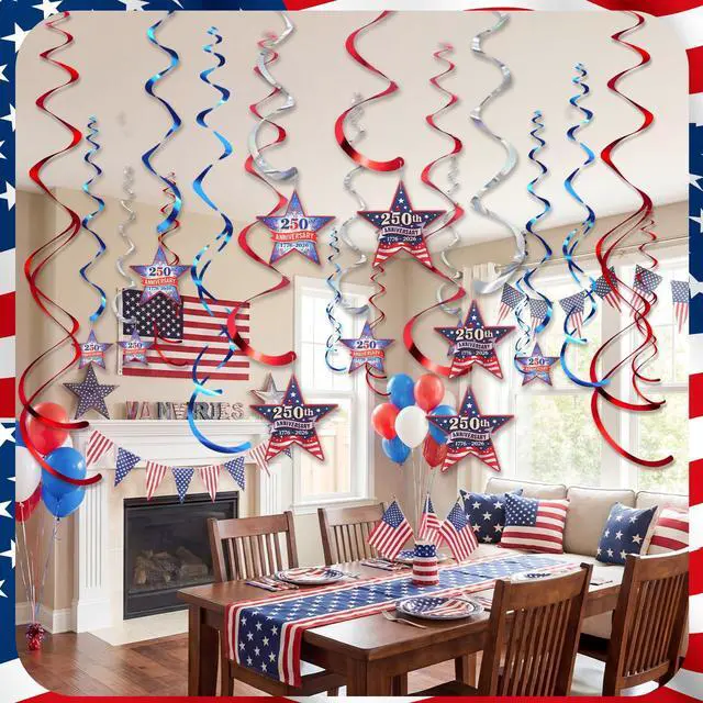 Alt view image 5 of 7 - 72 Pcs 250th Anniversary Hanging Swirls Decorations 250 Years Ceiling Streamers 4th of July Hanging Ornaments for Independence Memorial Day Party Supplies Decorations