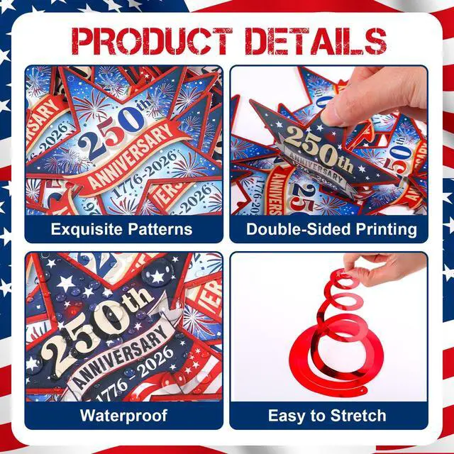 Alt view image 3 of 7 - 72 Pcs 250th Anniversary Hanging Swirls Decorations 250 Years Ceiling Streamers 4th of July Hanging Ornaments for Independence Memorial Day Party Supplies Decorations