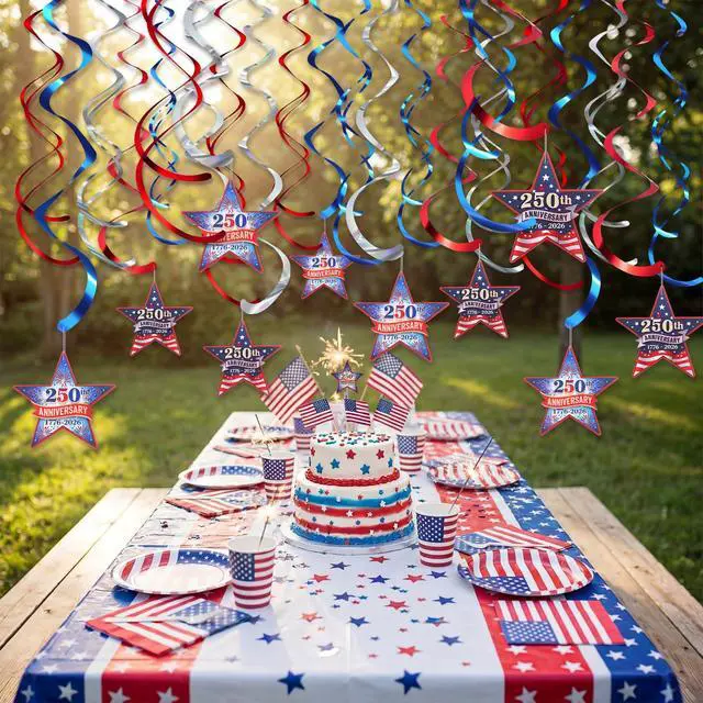 Alt view image 7 of 7 - 72 Pcs 250th Anniversary Hanging Swirls Decorations 250 Years Ceiling Streamers 4th of July Hanging Ornaments for Independence Memorial Day Party Supplies Decorations