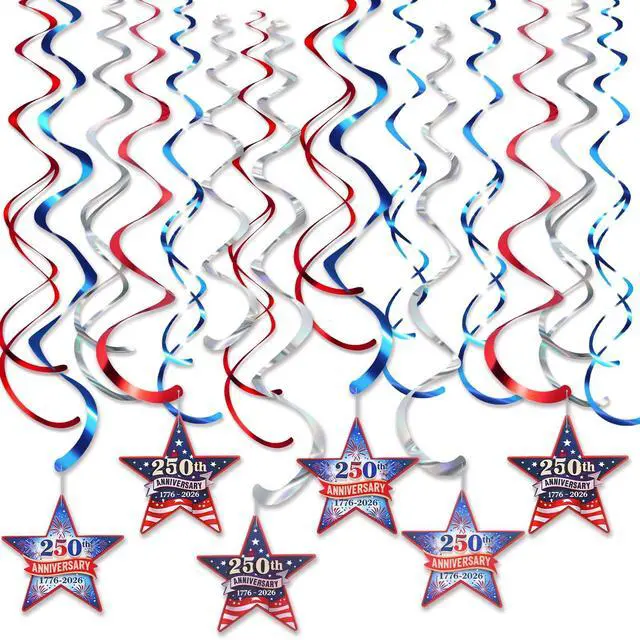 Main image of 72 Pcs 250th Anniversary Hanging Swirls Decorations 250 Years Ceiling Streamers 4th of July Hanging Ornaments for Independence Memorial Day Party Supplies Decorations