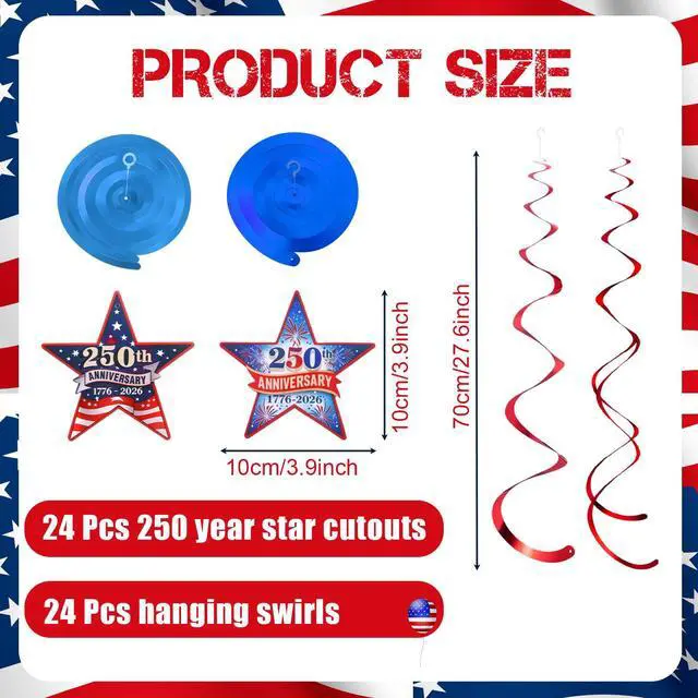 Alt view image 2 of 7 - 72 Pcs 250th Anniversary Hanging Swirls Decorations 250 Years Ceiling Streamers 4th of July Hanging Ornaments for Independence Memorial Day Party Supplies Decorations