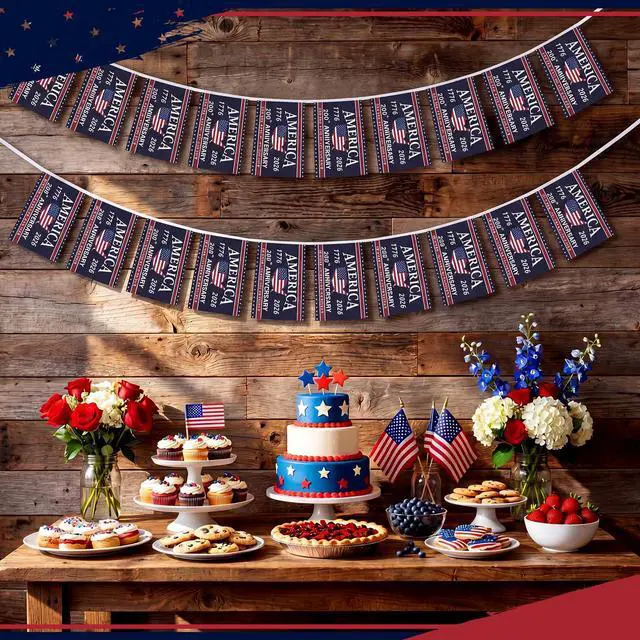 Alt view image 3 of 7 - 250th Anniversary Decoration 250th Anniversary USA Flag Banner 40 Flag 32.8ft Total 1776-2026 Patriotic Party Decor American USA Garland Hanging 4th of July Independence Day Indoor Outdoor