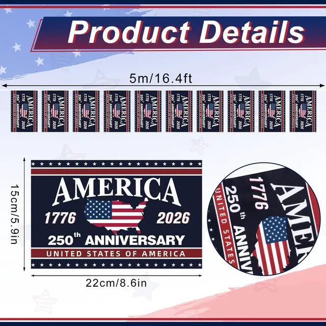 Alt view image 2 of 7 - 250th Anniversary Decoration 250th Anniversary USA Flag Banner 40 Flag 32.8ft Total 1776-2026 Patriotic Party Decor American USA Garland Hanging 4th of July Independence Day Indoor Outdoor