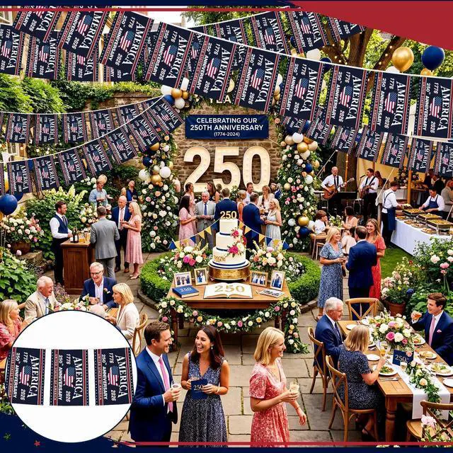 Alt view image 6 of 7 - 250th Anniversary Decoration 250th Anniversary USA Flag Banner 40 Flag 32.8ft Total 1776-2026 Patriotic Party Decor American USA Garland Hanging 4th of July Independence Day Indoor Outdoor