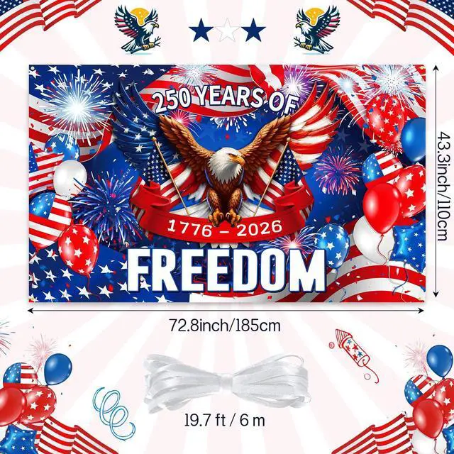 Alt view image 3 of 6 - 250 Years Birthday Decoration, 3.6 x 6 Ft American 1776-2026 Backdrop Birthday Banner 250th Anniversary Background for USA Independence Day 4th of July Patriotic Decor(Eagle)