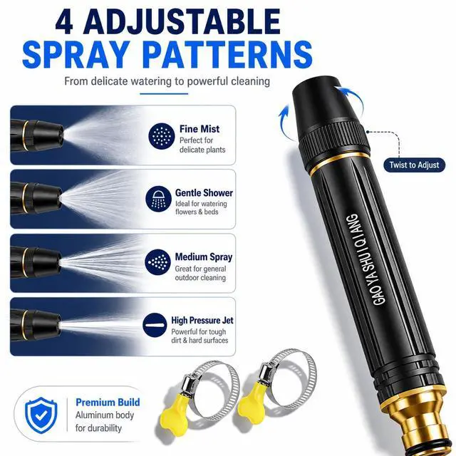 Alt view image 2 of 7 - 2026 New Pressure Garden Hose Nozzle, Adjustable Jet Power Washer Spray Nozzle for Car Washing, Patio Cleaning & Garden Watering, Heavy Duty Leak-Proof Water Hose Nozzle with 2 Hose Clamps