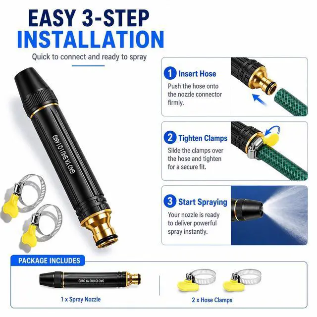 Alt view image 6 of 7 - 2026 New Pressure Garden Hose Nozzle, Adjustable Jet Power Washer Spray Nozzle for Car Washing, Patio Cleaning & Garden Watering, Heavy Duty Leak-Proof Water Hose Nozzle with 2 Hose Clamps