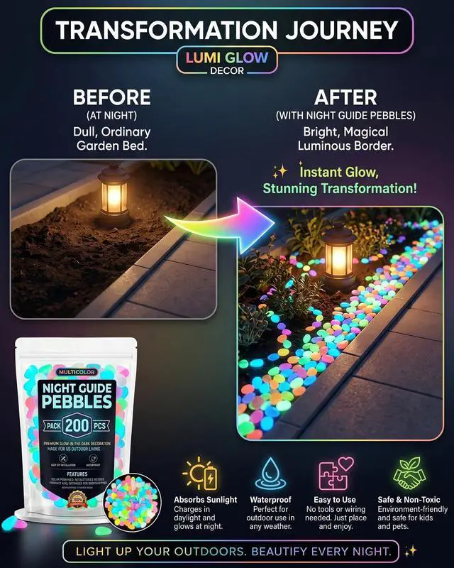 Alt view image 3 of 7 - Colorful Glow in the Dark Garden Stones Outdoor Night Guide Luminous Pebbles Rainbow Night Guide Garden Pebbles Glowing Stones for Walkway Glowing Stones Fish Tank Aquarium Decorations(200pcs)