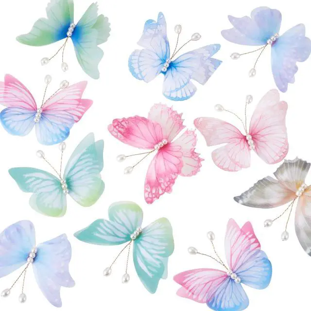 Main image of 32Pcs Butterfly Ornament 8 Colors Colorful 3D Butterfly Decoration Fabric Butterflies Appliques with Pearl Beads for DIY Wall Tree Handcrafted Holiday Wedding Home Party Clothes Decor