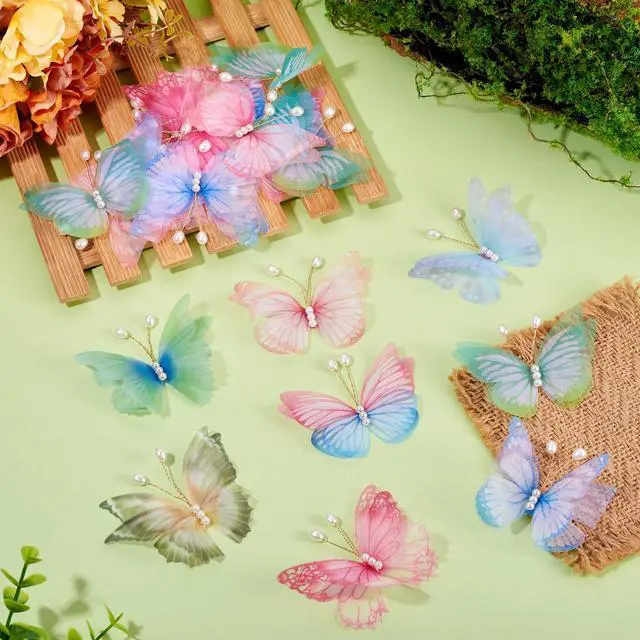 Alt view image 2 of 6 - 32Pcs Butterfly Ornament 8 Colors Colorful 3D Butterfly Decoration Fabric Butterflies Appliques with Pearl Beads for DIY Wall Tree Handcrafted Holiday Wedding Home Party Clothes Decor