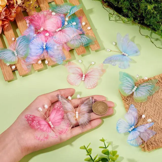 Alt view image 5 of 6 - 32Pcs Butterfly Ornament 8 Colors Colorful 3D Butterfly Decoration Fabric Butterflies Appliques with Pearl Beads for DIY Wall Tree Handcrafted Holiday Wedding Home Party Clothes Decor