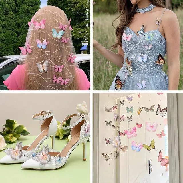 Alt view image 3 of 6 - 32Pcs Butterfly Ornament 8 Colors Colorful 3D Butterfly Decoration Fabric Butterflies Appliques with Pearl Beads for DIY Wall Tree Handcrafted Holiday Wedding Home Party Clothes Decor
