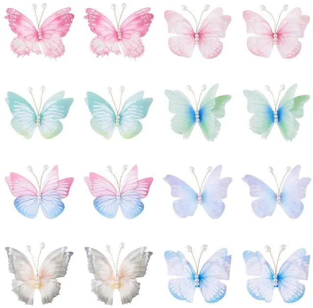 Alt view image 6 of 6 - 32Pcs Butterfly Ornament 8 Colors Colorful 3D Butterfly Decoration Fabric Butterflies Appliques with Pearl Beads for DIY Wall Tree Handcrafted Holiday Wedding Home Party Clothes Decor