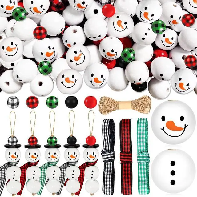 Main image of 205 Pieces Christmas Snowman Wooden Beads Craft Project Natural Polished Wood Bead with Twine, Winter Christmas Tree Hanging Ornaments, Rustic DIY Garland Decoration for Home (Snowman)