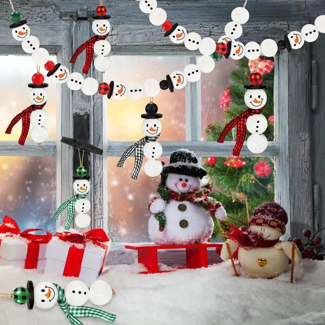 Alt view image 5 of 7 - 205 Pieces Christmas Snowman Wooden Beads Craft Project Natural Polished Wood Bead with Twine, Winter Christmas Tree Hanging Ornaments, Rustic DIY Garland Decoration for Home (Snowman)