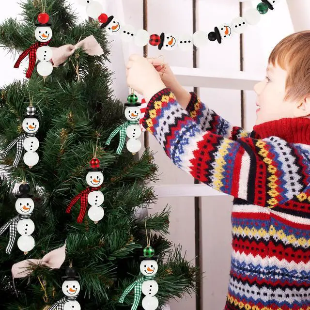 Alt view image 6 of 7 - 205 Pieces Christmas Snowman Wooden Beads Craft Project Natural Polished Wood Bead with Twine, Winter Christmas Tree Hanging Ornaments, Rustic DIY Garland Decoration for Home (Snowman)