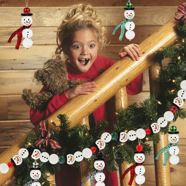 Alt view image 4 of 7 - 205 Pieces Christmas Snowman Wooden Beads Craft Project Natural Polished Wood Bead with Twine, Winter Christmas Tree Hanging Ornaments, Rustic DIY Garland Decoration for Home (Snowman)