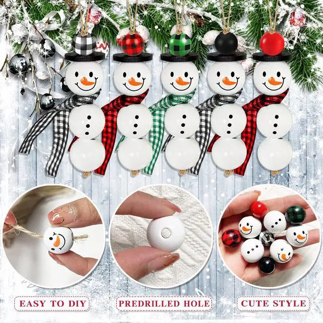 Alt view image 3 of 7 - 205 Pieces Christmas Snowman Wooden Beads Craft Project Natural Polished Wood Bead with Twine, Winter Christmas Tree Hanging Ornaments, Rustic DIY Garland Decoration for Home (Snowman)