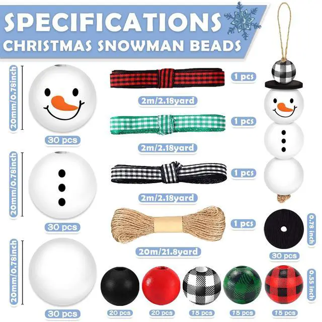Alt view image 2 of 7 - 205 Pieces Christmas Snowman Wooden Beads Craft Project Natural Polished Wood Bead with Twine, Winter Christmas Tree Hanging Ornaments, Rustic DIY Garland Decoration for Home (Snowman)