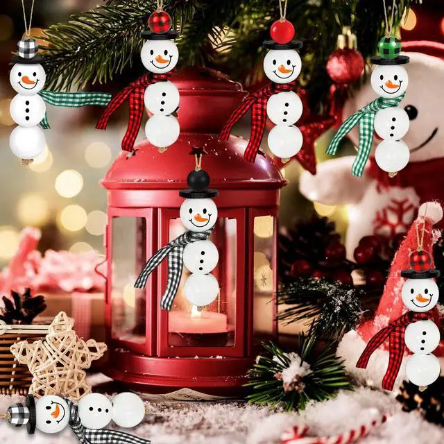 Alt view image 7 of 7 - 205 Pieces Christmas Snowman Wooden Beads Craft Project Natural Polished Wood Bead with Twine, Winter Christmas Tree Hanging Ornaments, Rustic DIY Garland Decoration for Home (Snowman)