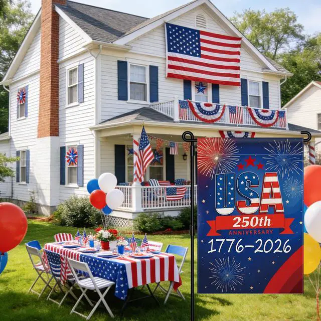 Alt view image 2 of 7 - 250 Anniversary USA Garden Flag, 250th Anniversary America Flag 1776-2026 Commemorative Patriotic 250 Year Banner 4th of July Yard Sign Double-Sided Waterproof Garden Flag 12x18 Inch