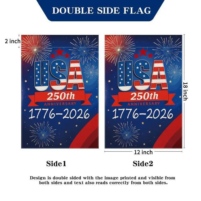 Alt view image 7 of 7 - 250 Anniversary USA Garden Flag, 250th Anniversary America Flag 1776-2026 Commemorative Patriotic 250 Year Banner 4th of July Yard Sign Double-Sided Waterproof Garden Flag 12x18 Inch