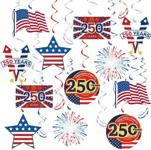 Main image of USA 250th Anniversary Hanging Swirls, 30Pcs United States 250 Years Ceiling Streamers Hanging Ornaments for American Anniversary Party Decorations