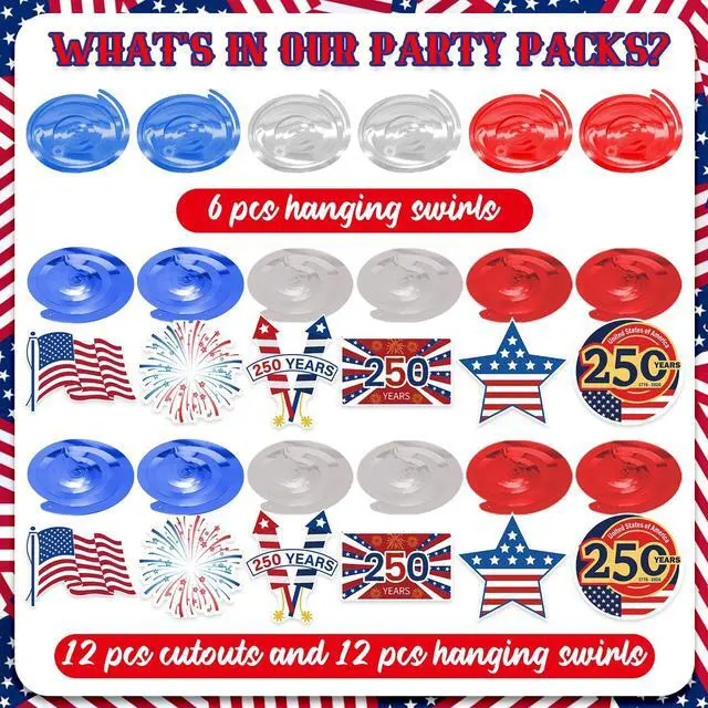 Alt view image 6 of 7 - USA 250th Anniversary Hanging Swirls, 30Pcs United States 250 Years Ceiling Streamers Hanging Ornaments for American Anniversary Party Decorations