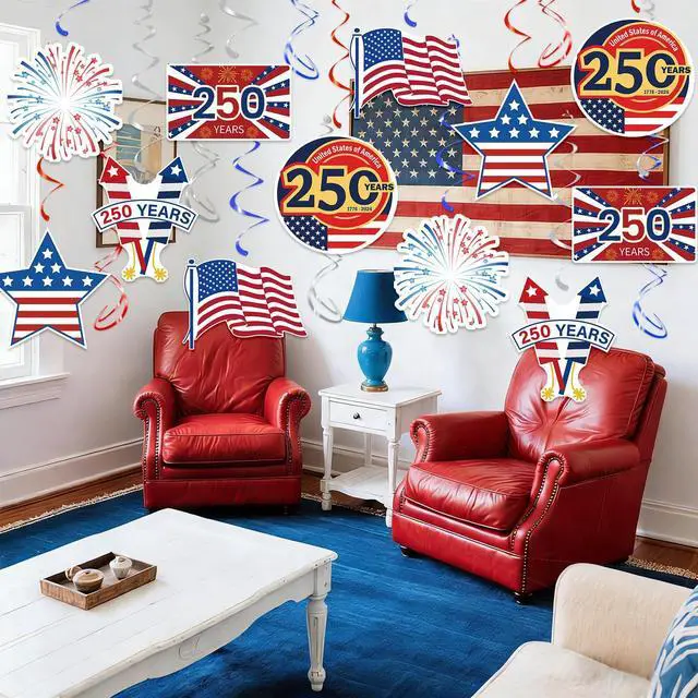 Alt view image 4 of 7 - USA 250th Anniversary Hanging Swirls, 30Pcs United States 250 Years Ceiling Streamers Hanging Ornaments for American Anniversary Party Decorations