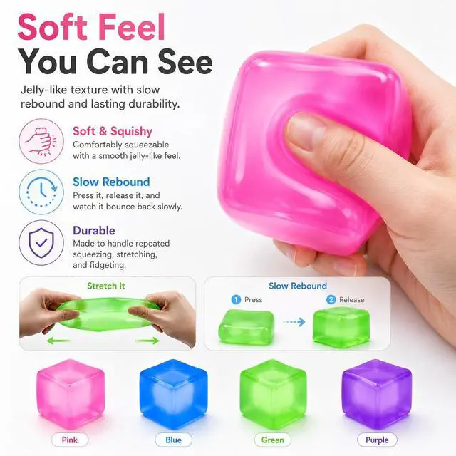 Alt view image 3 of 7 - Stress Cube Squishy Toy, 1.97 Inch Slow Rising Fidget Stress Ball, Soft Squeeze Sensory Toy for Adults & Kids, Durable Leakproof Solid Color Cube, Gift-Ready for Office Classroom