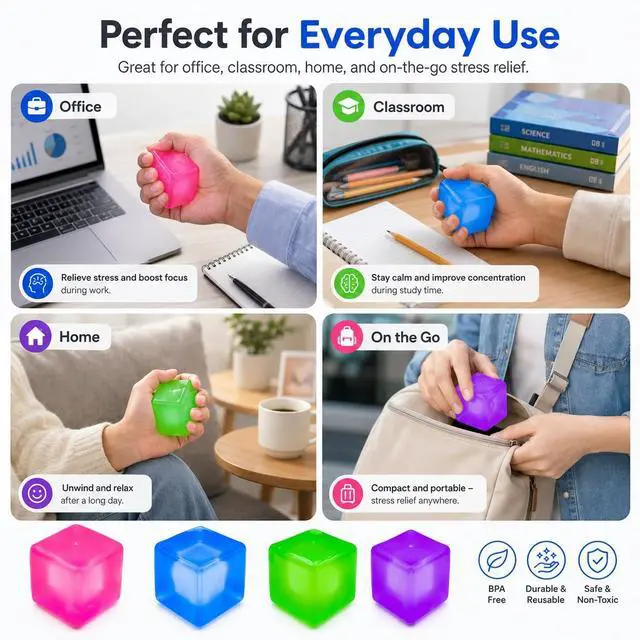 Alt view image 5 of 7 - Stress Cube Squishy Toy, 1.97 Inch Slow Rising Fidget Stress Ball, Soft Squeeze Sensory Toy for Adults & Kids, Durable Leakproof Solid Color Cube, Gift-Ready for Office Classroom