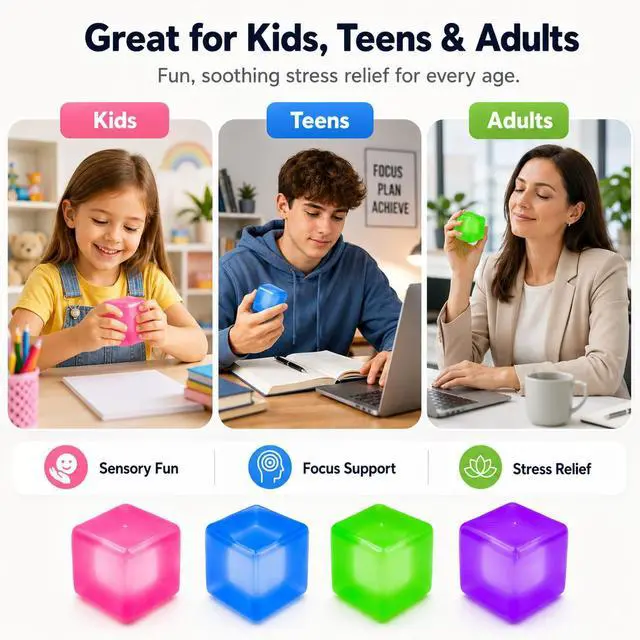 Alt view image 6 of 7 - Stress Cube Squishy Toy, 1.97 Inch Slow Rising Fidget Stress Ball, Soft Squeeze Sensory Toy for Adults & Kids, Durable Leakproof Solid Color Cube, Gift-Ready for Office Classroom