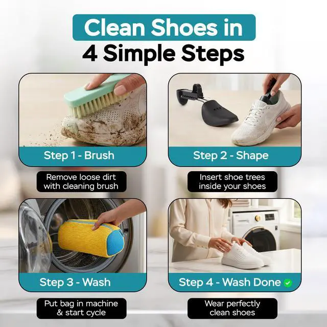 Alt view image 5 of 7 - Shoe Washing Machine Bag for Washer and Dryer 2pc Reusable Shoe Cleaning Bag for Sneakers & Tennis Shoes, Laundry Shoe Bag with Shoe Trees & Cleaning Brush, 360° Deep Cleaning Sneaker Washing Bag