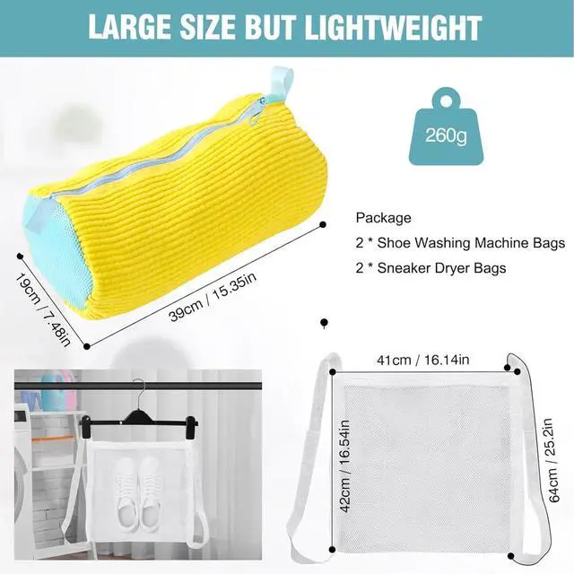 Alt view image 2 of 7 - Shoe Washing Machine Bag, Shoe Laundry Bag for Washer and Dryer, Include Dry Net Bag, Reusable and Durable Zipper with Hook Design, Shoe Washing Bag for Sneaker (Yellow, 2 Pack)