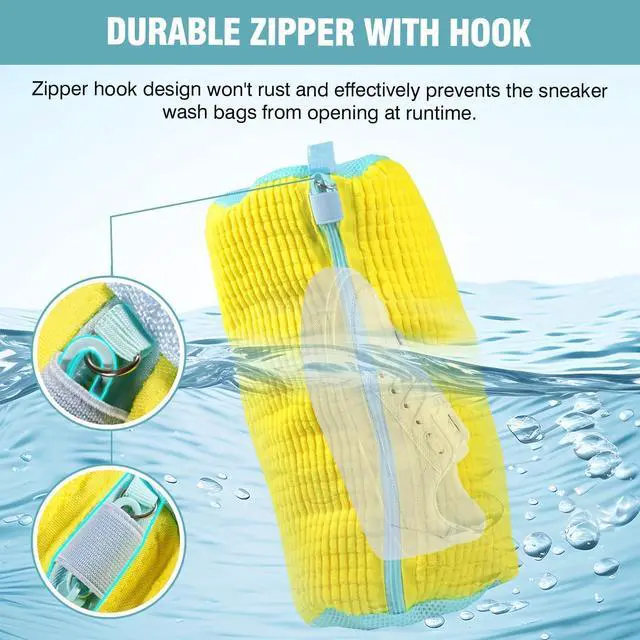Alt view image 4 of 7 - Shoe Washing Machine Bag, Shoe Laundry Bag for Washer and Dryer, Include Dry Net Bag, Reusable and Durable Zipper with Hook Design, Shoe Washing Bag for Sneaker (Yellow, 2 Pack)