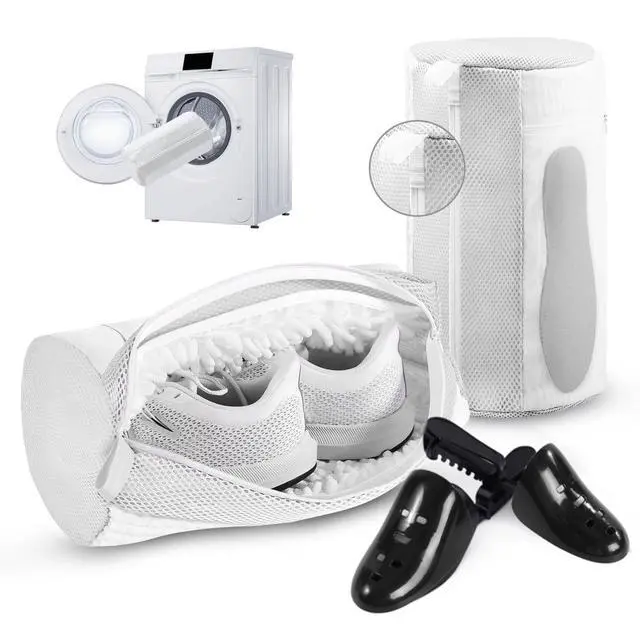 Main image of 2PCS XXL Shoe Washing Machine Bag with Adjustable Shoes Trees - Heavy Duty Reusable Shoe Laundry Bag for Washer and Dryer - 360° Deep Clean & Protect Chenille Microfiber Sneakers Wash Bags - White