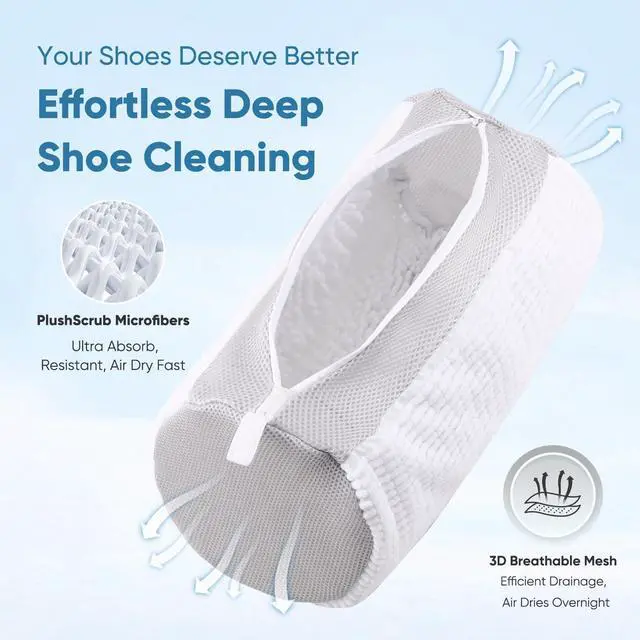 Alt view image 2 of 7 - 2PCS XXL Shoe Washing Machine Bag with Adjustable Shoes Trees - Heavy Duty Reusable Shoe Laundry Bag for Washer and Dryer - 360° Deep Clean & Protect Chenille Microfiber Sneakers Wash Bags - White