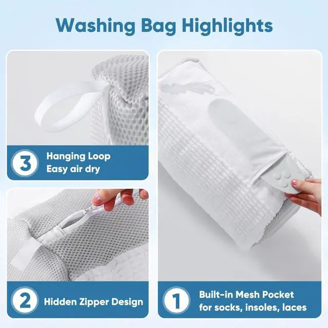 Alt view image 3 of 7 - 2PCS XXL Shoe Washing Machine Bag with Adjustable Shoes Trees - Heavy Duty Reusable Shoe Laundry Bag for Washer and Dryer - 360° Deep Clean & Protect Chenille Microfiber Sneakers Wash Bags - White
