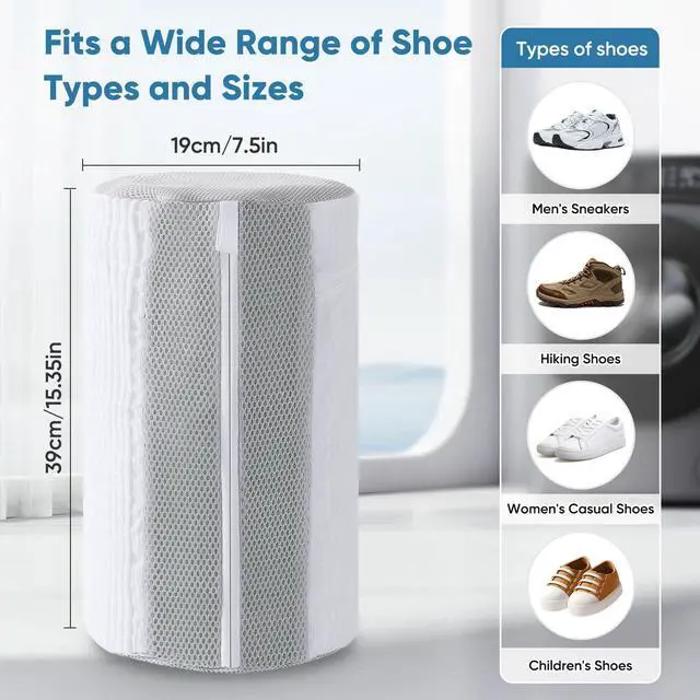 Alt view image 5 of 7 - 2PCS XXL Shoe Washing Machine Bag with Adjustable Shoes Trees - Heavy Duty Reusable Shoe Laundry Bag for Washer and Dryer - 360° Deep Clean & Protect Chenille Microfiber Sneakers Wash Bags - White