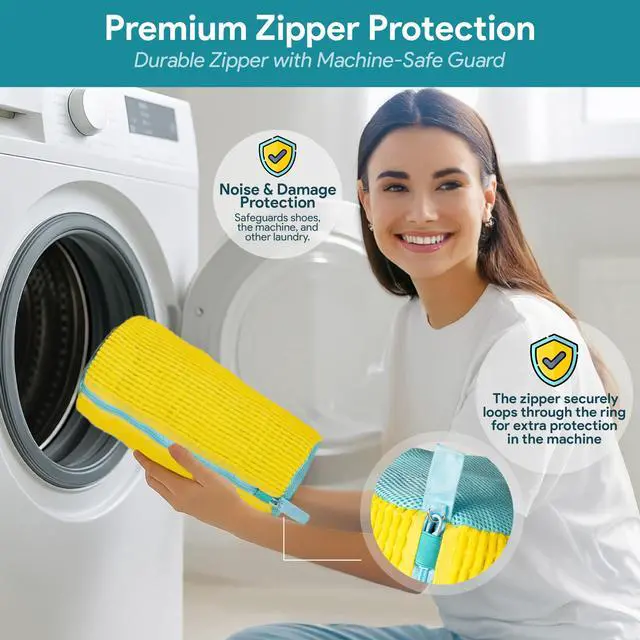 Alt view image 5 of 5 - Shoe Washing Machine Bag 2 Pcs Reusable Laundry Shoe Bag, 360° Deep Cleaning Sneaker Washing Bag, Durable Mesh Net with Zipper Protection, Fits All Shoe Types & Sizes (2 PCS Yellow)