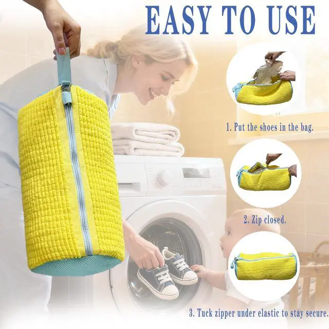 Alt view image 6 of 6 - Shoe Washing Machine Bag, 2pcs Laundry Shoe Bag with Self-locking Zipper for Washer and Dryer, Reusable Sneaker Bag for Gym, Tennis, Sports Shoes, Protects Shoes & Washing Machine (Yellow)