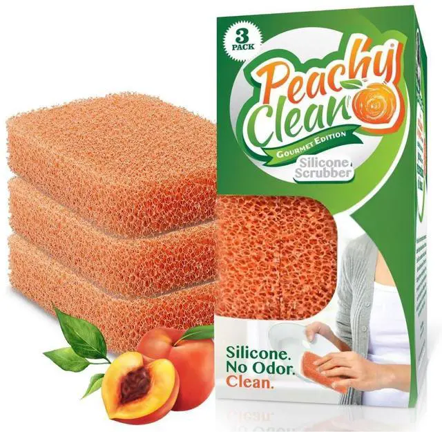 Main image of Silicone Dish Sponge Scrubbers, Fresh Peach Scent, Non-Scratch, Odor-Resistant, Durable Dish Sponges for Kitchen 3pk