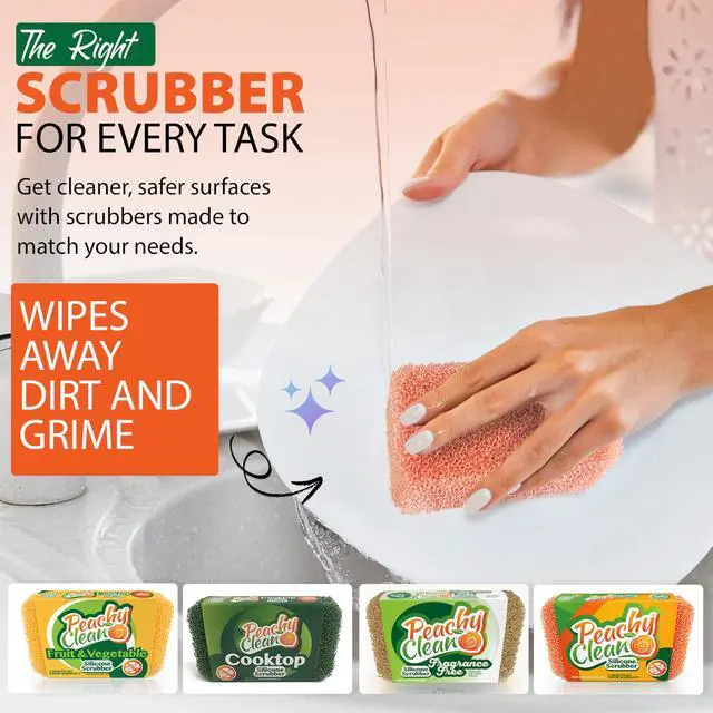 Alt view image 6 of 6 - Silicone Dish Sponge Scrubbers, Fresh Peach Scent, Non-Scratch, Odor-Resistant, Durable Dish Sponges for Kitchen 3pk